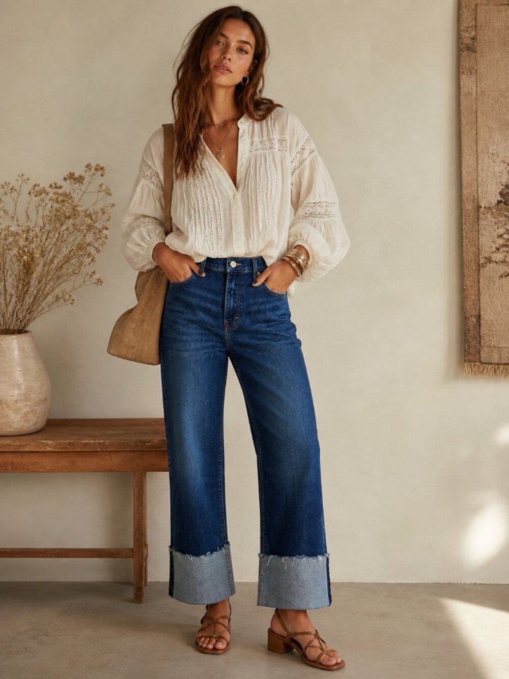 Lucky Brand Wide Leg High Rise Jeans Cuffed Raw Hem Medium Wash Denim Size 2- 26